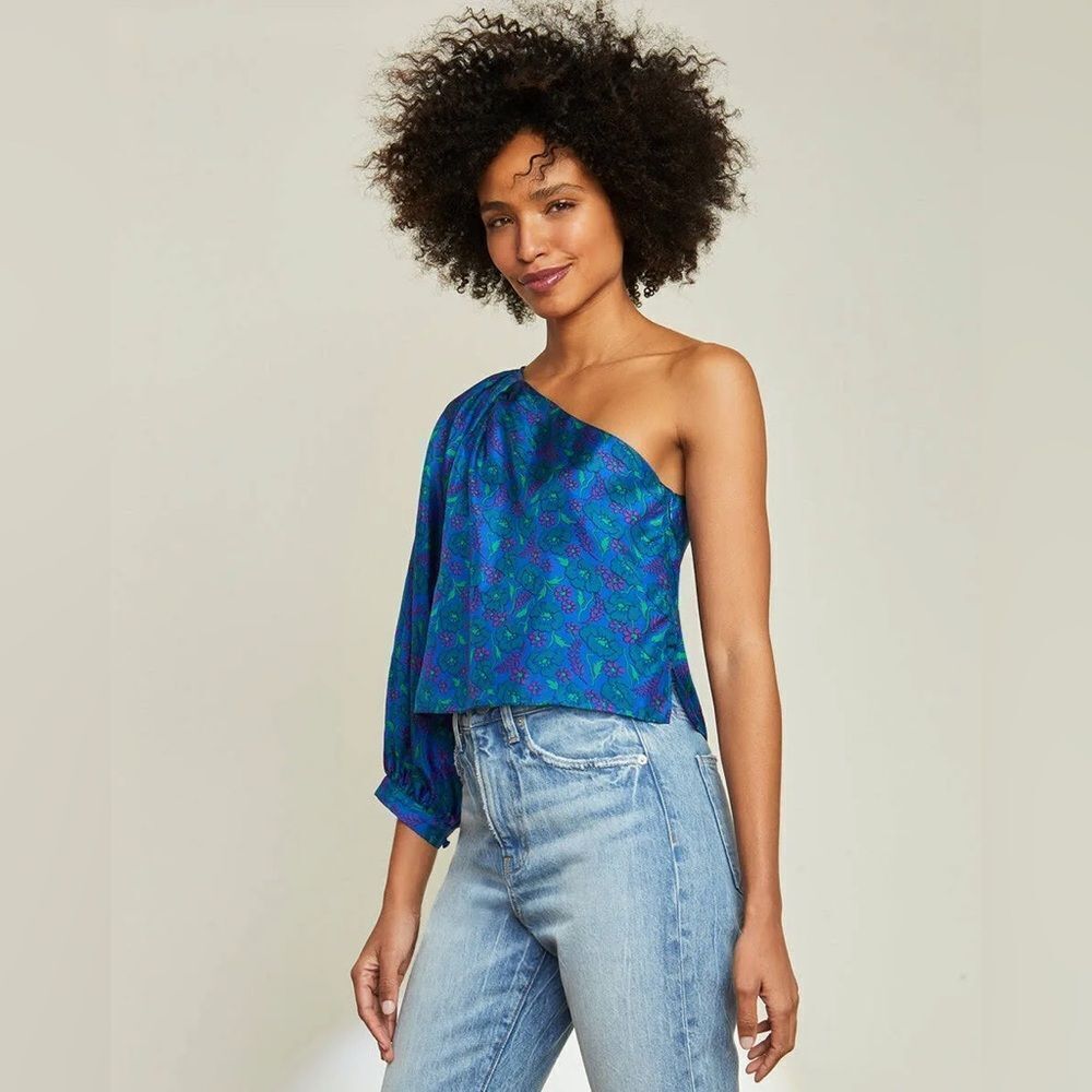 NWT Veronica Beard Lyric Floral Silk One Shoulder Top in Cobalt Multi $348 sz 14